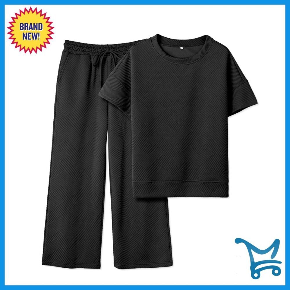 Oversized Tracksuit Set Textured Sweatsuit 3/4 Batwing Sleeve Top Wide Leg Pants